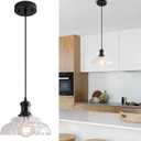 Vintage Pendant Light Kitchen Island, Black Pendant Light Fixture with Flower Clear Glass Shade, Antique Pendant Lamp for Dining Room, Living Room, Bedroom, Kitchen Island Sink (1 Pack)