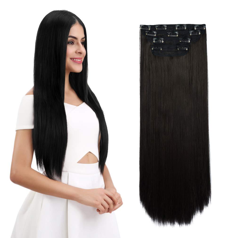 REECHO 18" Straight Long 4 PCS Set Thick Clip in on Hair Extensions Black Brown