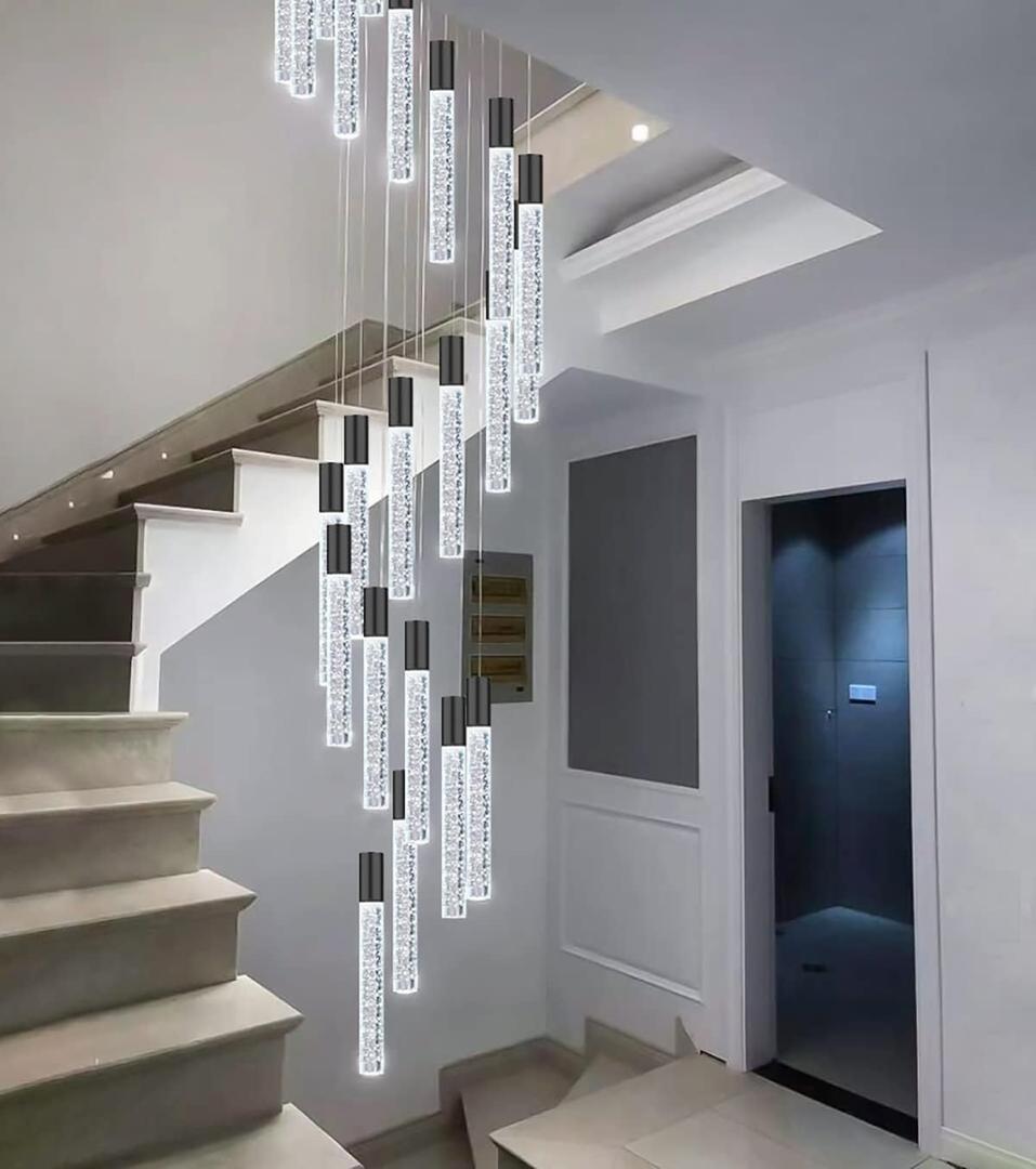 118" High Ceiling Chandelier Linear Crystal Pendants, Remote Dimmable, Compatible Sloped Ceilings, 12-Light Matte Black, 60 Watts LED, 4800 Lumens