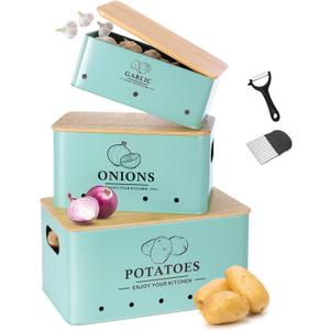 Kitchen Vegetable Storage Set of 3, Metal Onion Garlic Potato Storage Set, Kitchen Canisters Vegetable Keeper Containers with Aerating Holes and Wooden Lid (Blue)