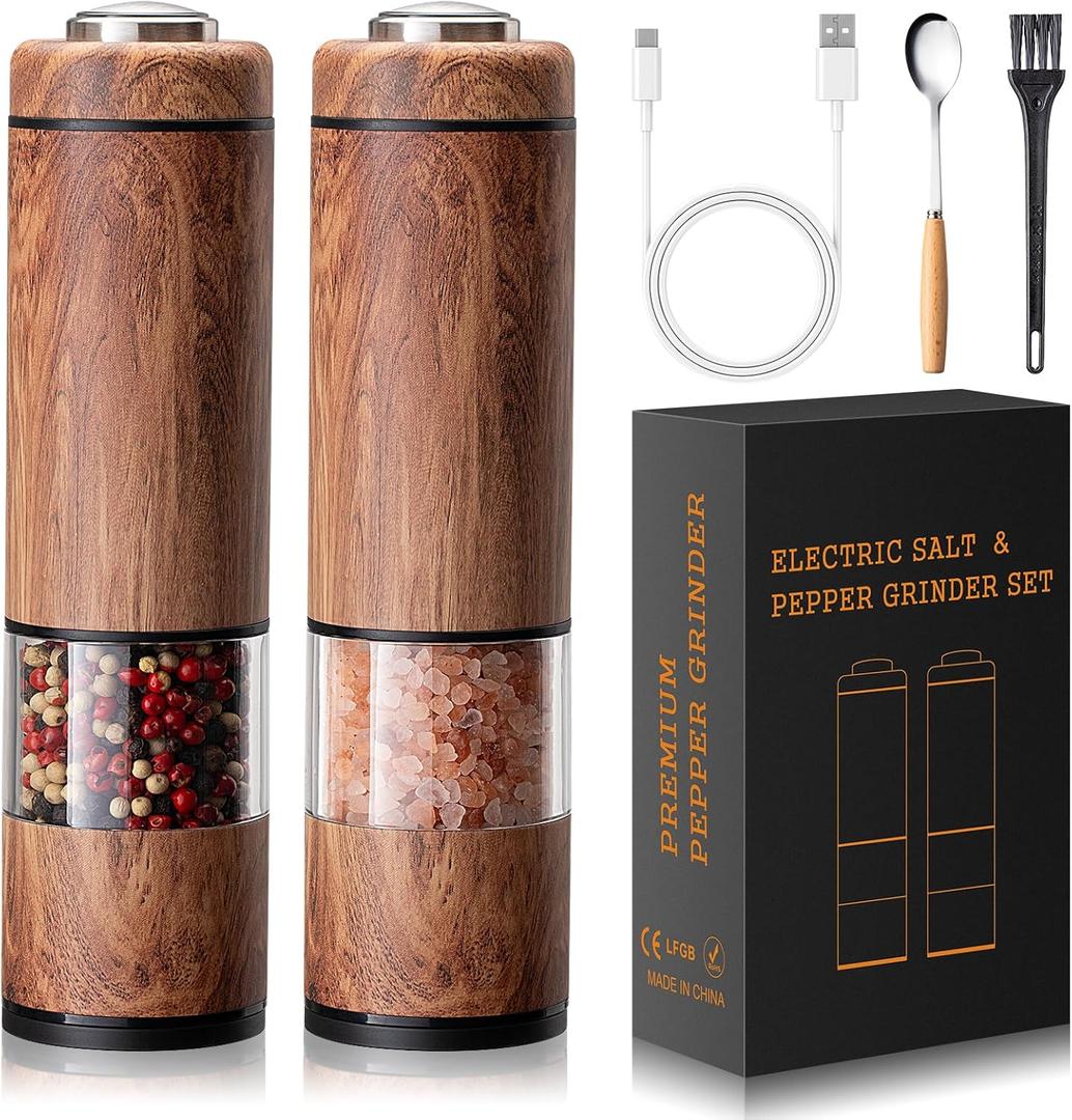 Electric Salt and Pepper Grinder Set-Rechargeable, Salt and Pepper Shakers, Automatic Salt and Pepper Grinder Set with Led Light, Adjustable Coarseness, One Handed Operation, Electric Pepper Mill (Yellow Brown - Rechargeable)