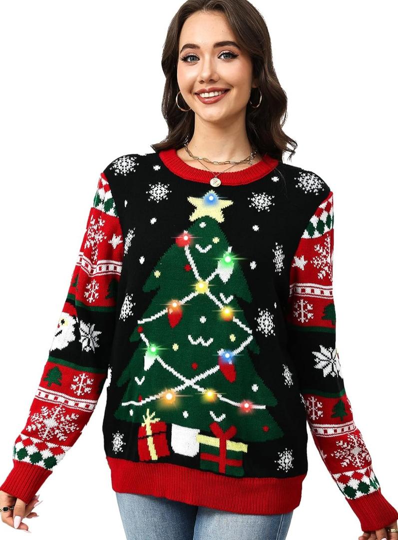 Christmas Ugly Sweater for Women LED Light Up Christmas Tree Sweater Built in Light Bulbs Knitted Pullover S