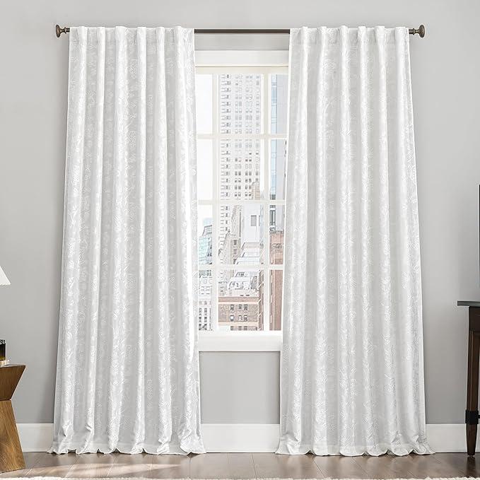 Sun Zero Brookhaven 1-Pack Embroidered Floral Pleated Look 100% Blackout Back Tab Curtain Panel Pair, 50" x 96", Cream