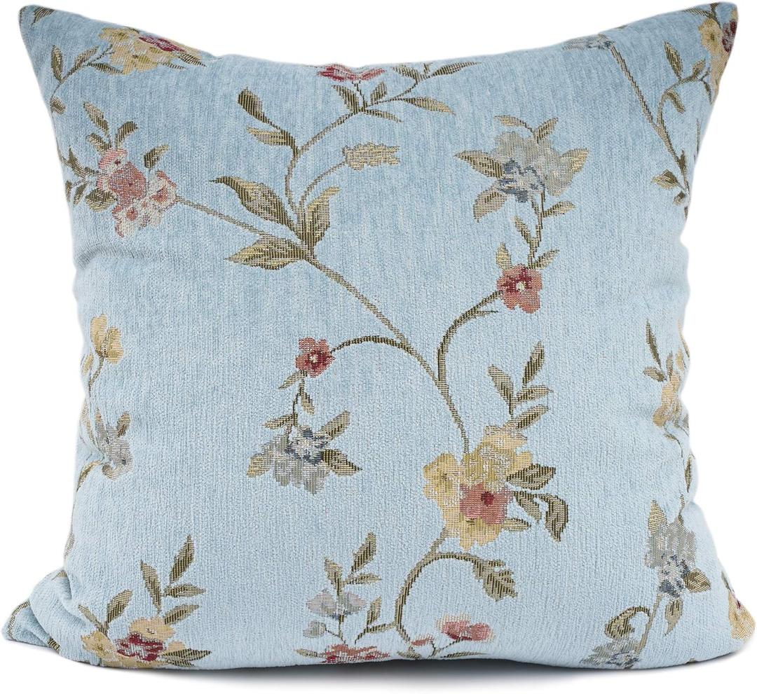 YOUR SMILE Embroidery Jacquard Teal Floral Leaf Pattern Square Decorative Throw Pillow Case Cushion Cover,18x18 inch (18" x 18" (Pack of 1), Blue)