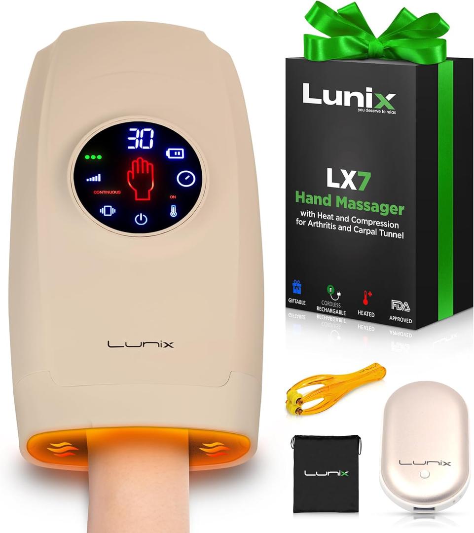 Lunix LX7 Touchscreen Electric Hand Massager with Compression and Heat, Pressure Point Therapy for Arthritis, Pain Relief, and Carpal Tunnel, Shiatsu Massage Machine, with Hand Warmer, Beige