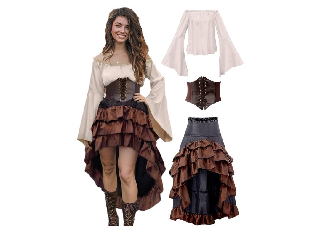 Verceco Pirate Costume Women Outfit with Renaissance Pirate Shirt Skirt Corset Waist Belt Women's Halloween Pirate Costumes (Beige+Brown, L)