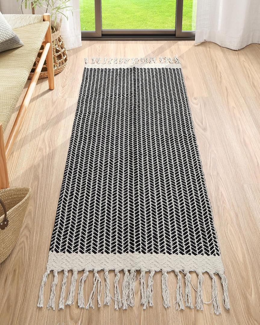 Lahome Belle Boho Rugs for Entryway, 2x5 Laundry Room Rug Lightweigh Cotton Washable Runner Rug with Tassels, Farmhouse Black Bath Door Mats Indoor Non Shedding Runners for Hallways Bedroom