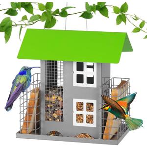 Metal Bird Feeders for Outdoors Wild Bird Feed with 2 Suet Cage Cake Squirrel Proof Hanging Feeder Large Capacity Wild Bird Feeder Easy Clean&Anti-Rust Attracting Birdhouse Green