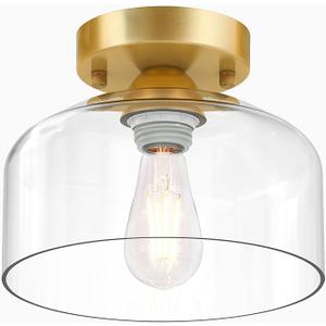 Semi Flush Mount Ceiling Light Brushed Gold - Clear Glass Pendant Lamp Shade, Modern Farmhouse Light Fixture for Hallway Corridor Kitchen Entryway Bedroom, Bulb Not Included