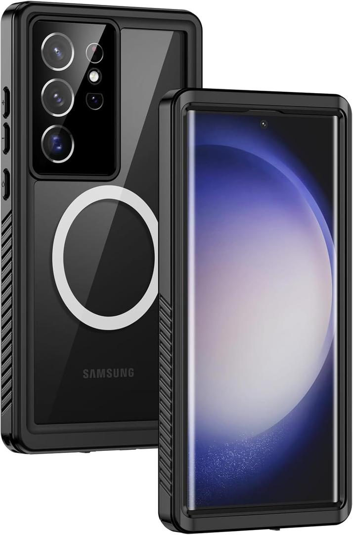 Lanhiem Magnetic for Samsung Galaxy S23 Ultra Case, IP68 Waterproof Dustproof, Built-in Screen Protector, Rugged Full Body Shockproof Cover for Galaxy S23 Ultra 5G 6.8 Inch, Black/Clear
