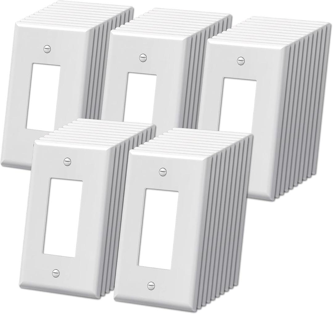 BESTTEN 50 Pack 1-Gang Jumbo Decor Wall Plate, Oversize Unbreakable Polycarbonate Decorator Receptacle Outlet Cover and Oversized Switch Plate, White, ETL listed