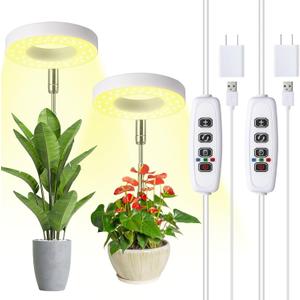 Halo Ring Grow Lights for Small Indoor Plants, Warm+White 96LEDs Full Spectrum Plant Light, Height Adjustable with Adapter, 3/9/12H Timer, 3 Spectral Modes, 10 Dimmable Levels, Angel Ring 2 Pack