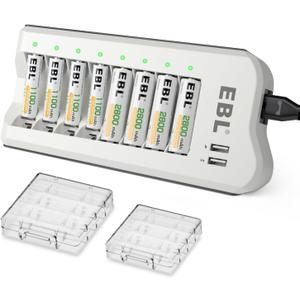 EBL Battery Charger and Rechargeable Batteries AA AAA - 8Bay Smart Charger with 2800mAh AA Rechargeable Batteries(4pcs) & AAA Battery Ni-MH Battery(4pcs) Combo