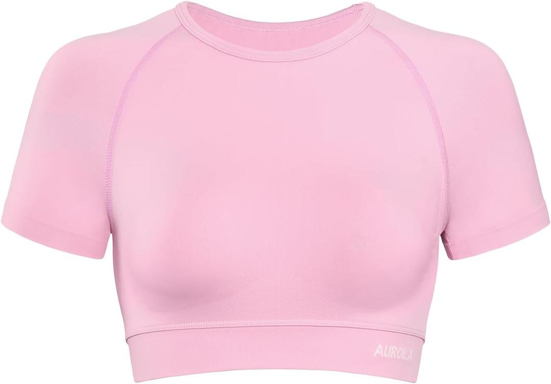 AUROLA Influence Crop Top Workout Shirts for Women, Ultra-Soft Seamless Gym T Shirts Short Sleeve Running Workout Tops (Pink, M)