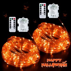 JMEXSUSS 2 Pack Orange Rope Lights Battery Operated Halloween Lights Outdoor Waterproof, Each 33 ft 100 LED Battery String Lights with Remote, Orange Light for Balcony Garden Halloween Decor