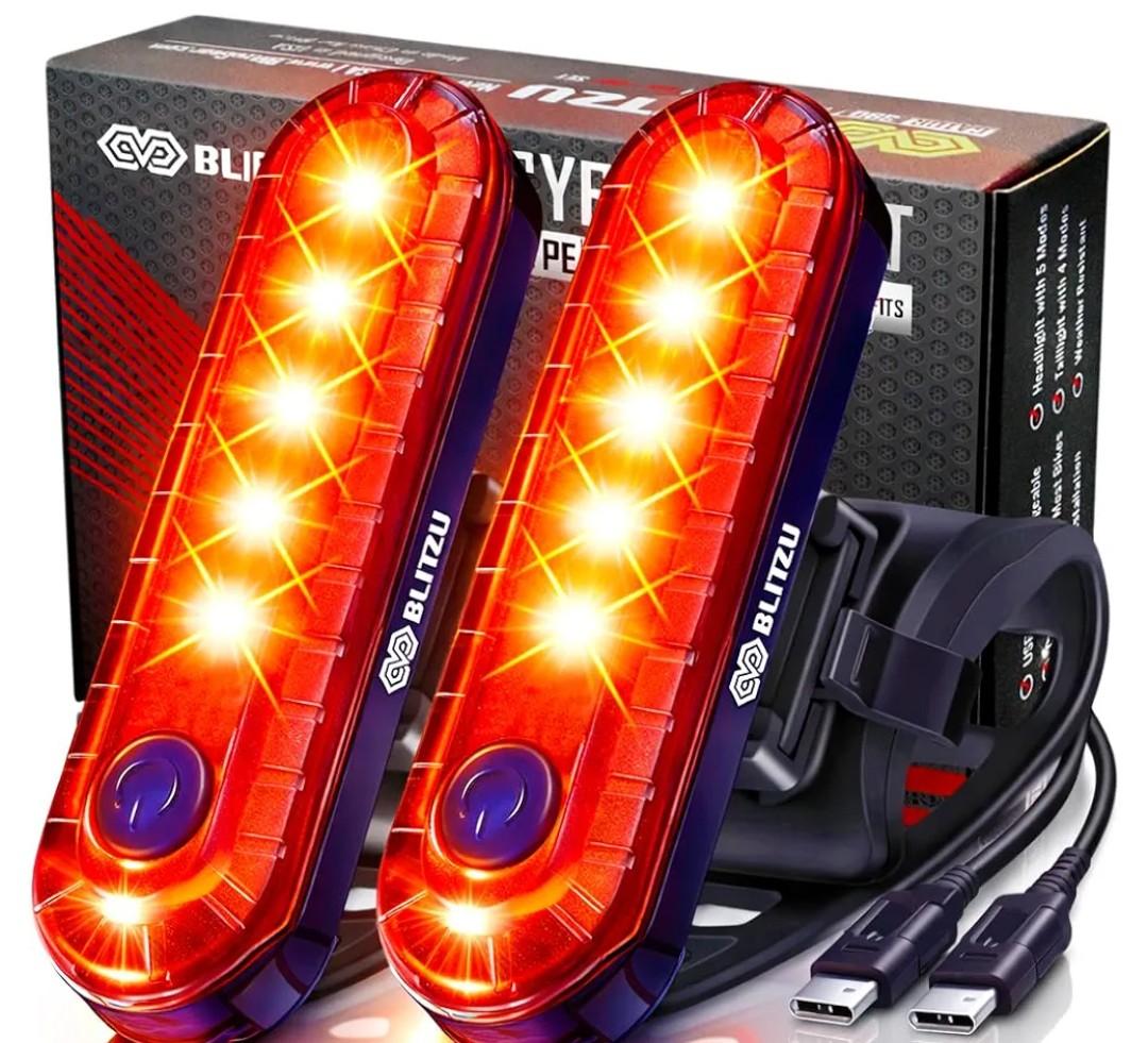 BLITZU USB-C Rechargeable Bike Tail Light 2 Pack, Bright Bicycle Rear Cycling Safety Flashlight Accessories for Night Riding, Cyborg 120T, 4 Light Modes for Adults Kids Men Women Road Mountain