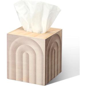 LemonRoad Boho Tissue Box Cover Square Wood Tissue Holder Ivory Rustic Facial Paper Organizer Bohemian Desk Storage Container for Bathroom Modern Farmhouse Tabletop Office Decor