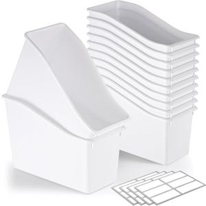 Geetery 24 Pcs Book Bin for Classroom with Labels Stackable Plastic Organizing Bins 11.5 x 5.4 x 7.5 in Book Holders Storage Bins Box Baskets for Classroom Library Home (White)