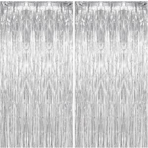 2 Pack Silver Foil Curtain Party Streamers Metallic Tinsel Foil Fringe Photo Booth Backdrop for Birthday Wedding Engagement Baby Shower Bachelorette Christmas Holiday Celebration Party Decorations
