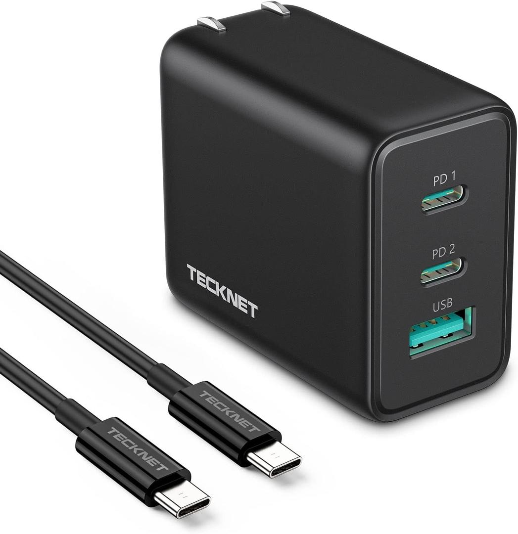 TECKNET 65W GaN Wall Charger PD 3.0 USB-C Travel Adapter,3-Port Foldable Fast Charger with 5ft Cable for iPhone 16 Pro Max/16 Plus/16/15/iPad/Galaxy S24/S25/MacBook Pro/Switch and More Series