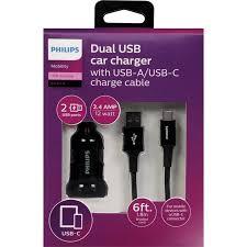 Philips Dual USB car charger with USB-A/USB-C charger cable 2.4 AMP/12 watt 6ft.
