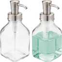 mDesign Square Glass Refillable Liquid Soap Dispenser Pump Bottle for Bathroom Vanity Countertop, Kitchen Sink - Holds Hand Soap, Dish Soap, Hand Sanitizer, Essential Oils - 2 Pack - Clear/Brushed