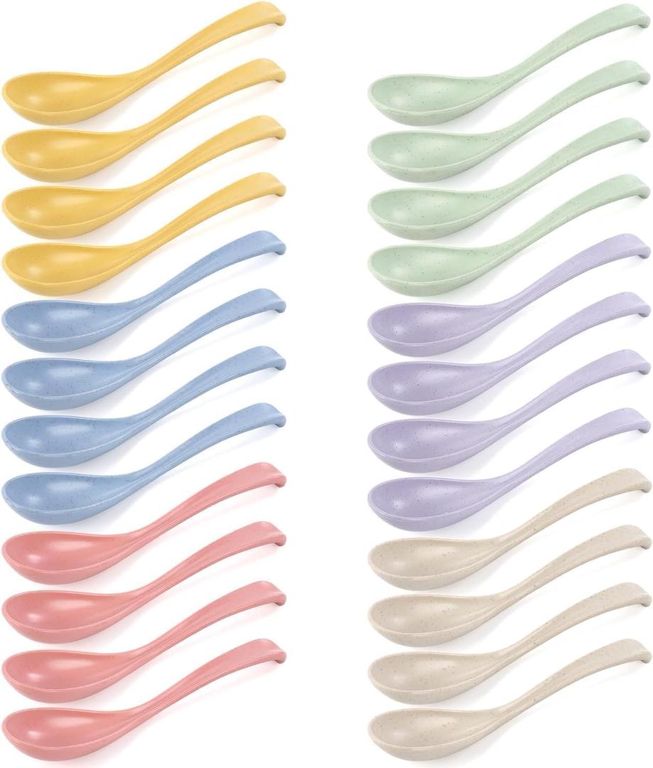 Hiceeden Set of 24 Reusable Plastic Asian Chinese Soup Spoons, Unbreakable Japanese Ramen Set, Long Dinner Spoons for Dumpling, Cereal, Dishwasher Safe, 6 Colors