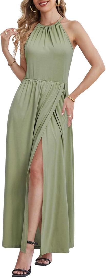 KILIG Women's Summer Maxi Dress 2025 Casual Sleeveless Split Floral Sundress Beach Vacation Flowy Long Dresses (Bean Green)