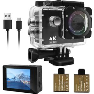 Action Camera 4K 30FPS, Waterproof Camera 30M Underwater Ultra HD 131FT 170Wide Angle Shooting, with 2 x 1050 mAh Batteries for Cycling, Ice Skating, Skiing, Fishing, Climbing