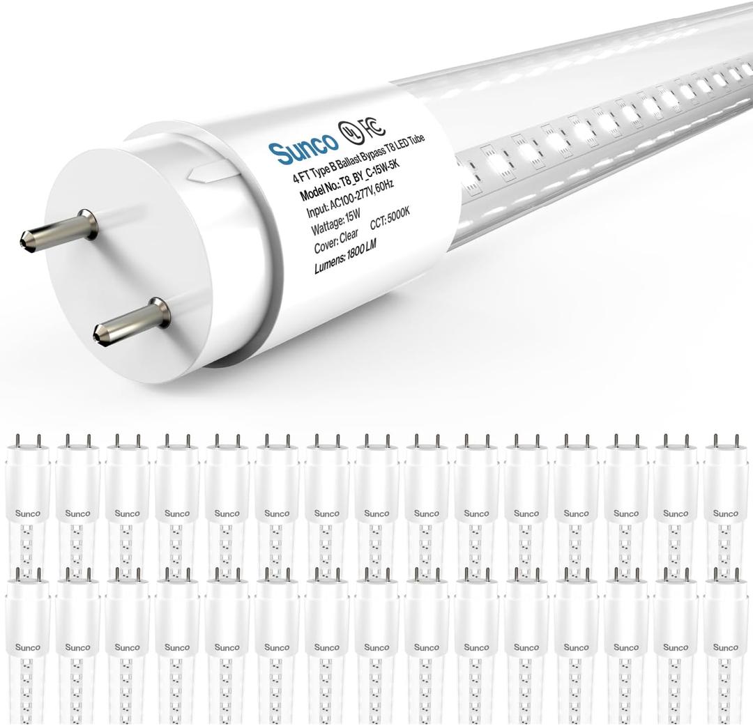 Sunco 30 Pack T8 LED 4FT Tube Light Bulbs Ballast Bypass Fluorescent Replacement, 5000K Daylight, 15W, Clear Cover, Retrofit, Single Ended Power (SEP), Commercial Grade UL
