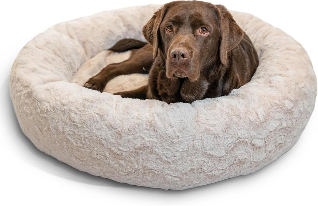 Best Friends by Sheri The Original Calming Donut Dog Bed  Washable Plush Pet Bed for Large Breeds up to 100 lbs, Lux Faux Fur, Oyster, Large (36" x 36")