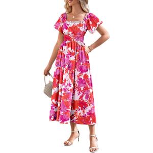 Duigluw Women's Casual Summer Midi Dresses 2025 Puffy Short Sleeve U Neck Boho Floral Flowy Maxi Dress (Large)