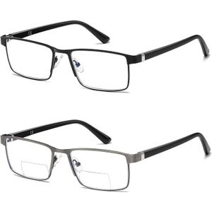 Bifocal Reading Glasses Men Blue Light Computer Readers Clear Top Designer Metal Frame Fashion Spring Hinge Eyeglasses (Black & Anti-gun)