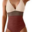 Aidonger Women's One Piece Color Block Swimsuit Tummy Control Slimming Bathing Suit V Neck Cutout High Waisted Swimwear S