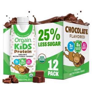Orgain Organic Kids Nutritional Protein Shake, Chocolate, Healthy Kids Snacks, 8g Dairy Protein, 3g Fiber, 22 Vitamins & Minerals, No Soy Ingredients, Gluten Free, Non-GMO, 8.25 Fl Oz (Pack of 12) (EXP 08/05/25)
