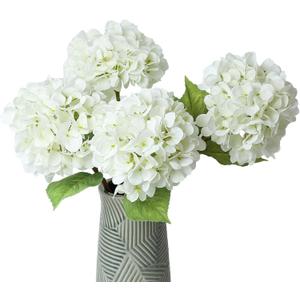 mizii 4Pcs White Artificial Hydrangea Flowers Large Fake Silk Hydrangea Flower with Leaves Stems Realistic Faux Hydrangeas Decorations for Wedding Table Centerpieces Vase Home Decor (White)