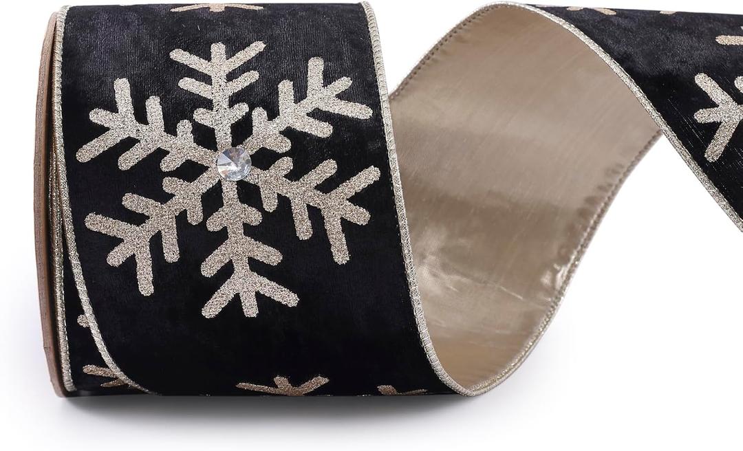 4 Inch Black Velvet Wired Ribbon 10 Yards Snowflake Metallic Crushed Velvet Christmas Ribbon for Gift Wrapping Christmas Tree Decoration Crafts Wreaths Supplies-Continuous (Black, 4"-10 Yard)