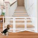 LZRS Clear Dog Gate for Indoor Use - Transparent Pet Fence with Solid Hardwood and Plastic Board, Stylish & Durable freestanding Pet Gate for Doorways, Stairs and Hallways, Off White