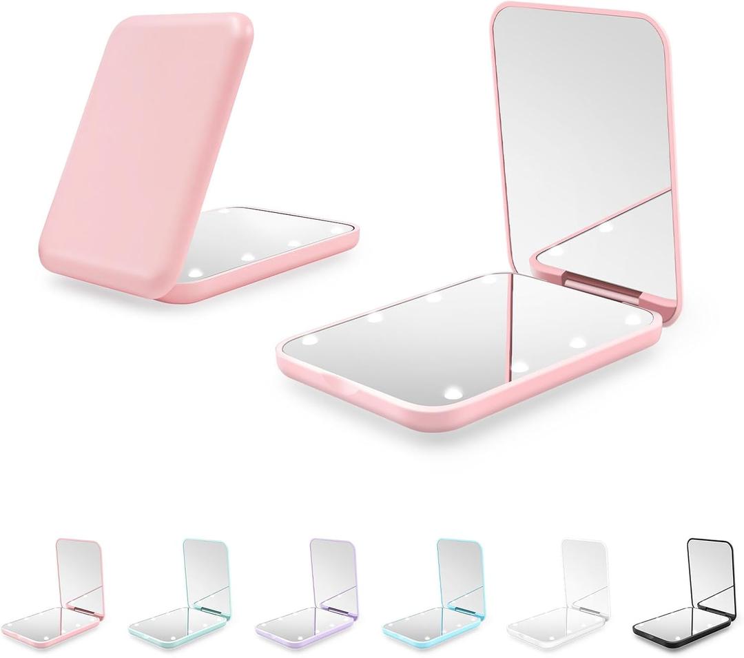 Compact Mirror, 1X/3X Magnification LED Pocket Mirror with Nternal BIattery, Mini Mirror for Purse, Pocket,Travel and Present (Pink)