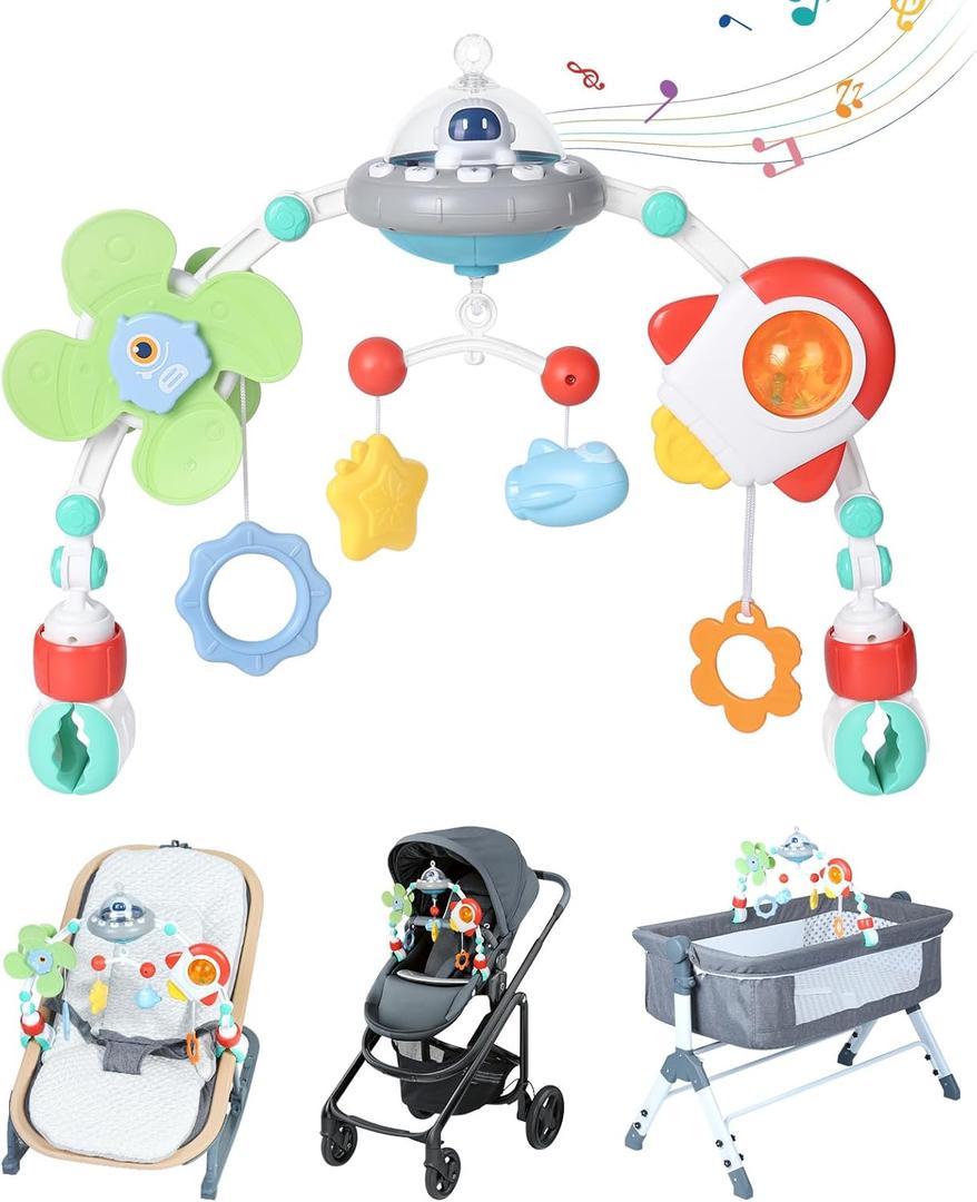 Orzbow Stroller Arch Toy for Baby, Musical Carseat Toys Hanging with Teething, Baby Mobile for Crib Bassinet Car Seat and Bouncer, Car Seat Activity Toy for Babies 0-12 Months (Space)