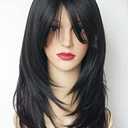 Black wig with bangs Layered Wigs for white Women black hair wig Synthetic Wigs Flow out Curl for White Women (Black)