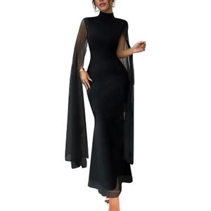 WISFRUIT Women Sexy Elegant Formal Mock Neck Flare Sleeve Mesh Evening Gowns Maxi Dress (Black, XL)