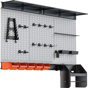TORACK Pegboard Wall Organizer 4 ft. Garage Metal Pegboard Tool Organizer System, Tools Storage Peg Board Kit with Hooks and Accessories, Wall Mounted Storage Bins, Overhead Shelves (Grey)