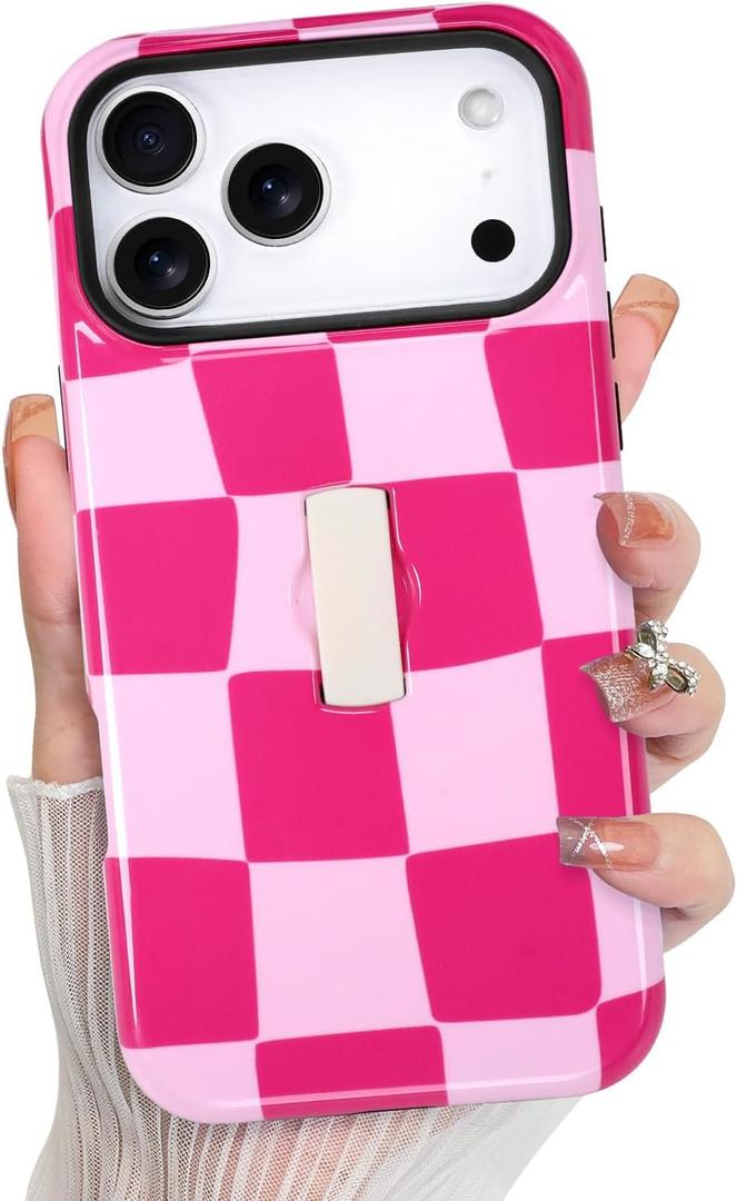 KANGHAR Compatible with iPhone 17 Pro Case, Silicone Checkered Cute Pattern, Finger Hold Wristband Kickstand Camera Protection Soft Slim Phone Case for Girls Women -Pink