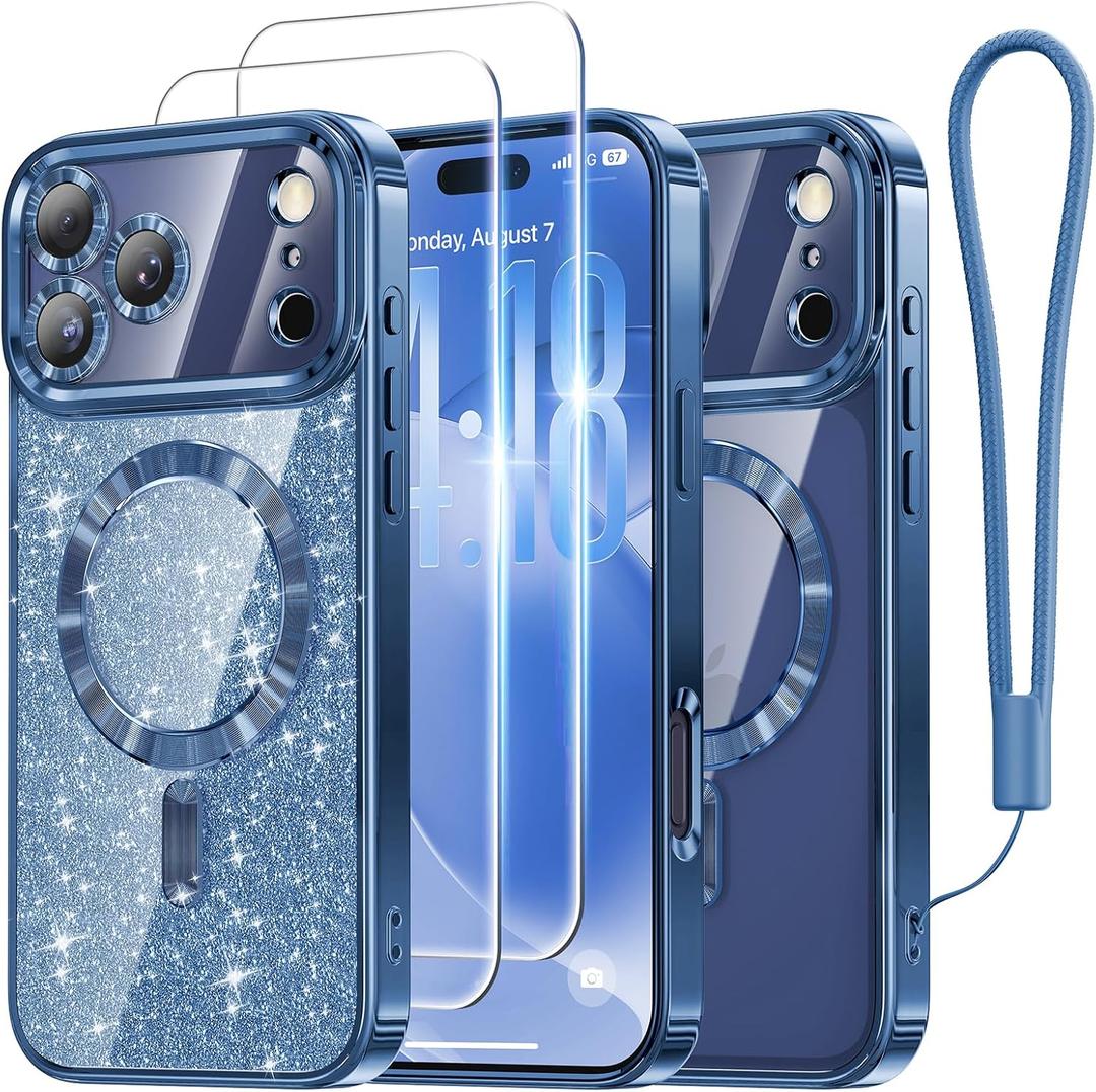 Meifigno Designed for iPhone 17 Pro Case 6.3", [Glitter Card & Wrist Strap][Compatible with MagSafe][2X HD Screen Protectors] Surround Raised Lens Protection for 17 Pro Phone Case for Women, Deep Blue