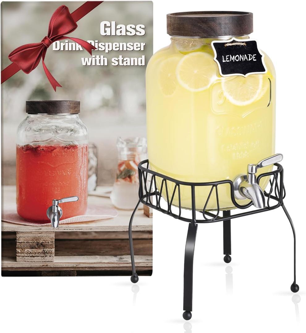 Mustry Glass Drink Dispenser for Parties, 1 Gallon Beverage Dispenser with Stand and Spigot Solid Stainless Steel, Used as Lemonade Dispenser Sun Tea Jar Kombucha Jar