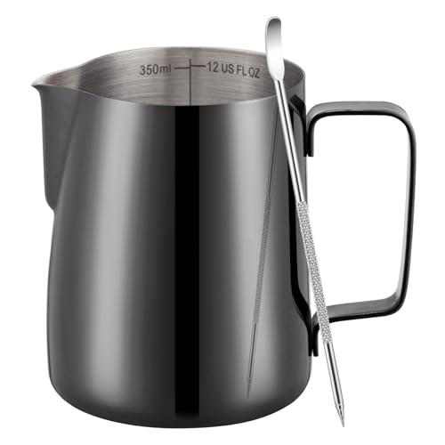 Amrules Milk Frothing Pitcher, 12 oz Milk Frother Cup with Clear Scale, 304 Stainless Steel Cappuccino Espresso Machine Accessories for Barista Coffee Bar with Latte Art Pen, Bright Black