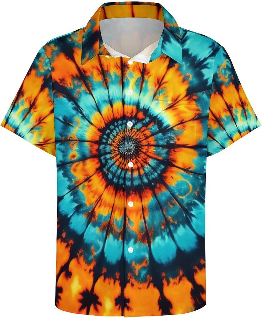 Hawaiian Mysterious Psychedelic Rainbow Totem Tie-Dye Lapel Pocket Short Sleeved Shirt Button Shirt (S)