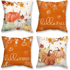 ONWAY Fall Throw Pillow Covers 18x18 Inch Set of 4 Farmhouse Pumpkin Maple Leaves Autumn Decor for Couch Sofa Bed Thanksgiving Seasonal Cushion Cases for Home Outdoor Porch Patio Decorations