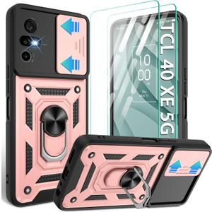 Gritup Compatible with TCL 40 XE 5G Phone Case,TCL 40 XE 5G Case Screen Protector[2 Pcs] with Slide Camera Cover, 360Rotation Ring Kickstand [Military Grade] Case for TCL 40 XE,Rose Gold